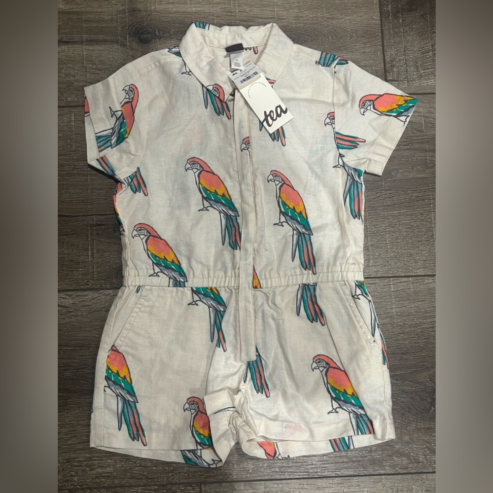 NWT Tea Collection Kids Parrot Print Romper - size 4